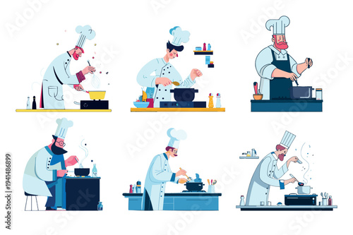 Professional chef characters wearing white toques double breasted jackets aprons cooking process stirring pots whisking sauces kitchen interior elements flat vector style isolated set