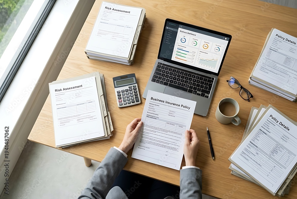 Obraz premium Person reviewing business insurance policy documents and graphs on laptop at wooden desk near window with coffee cup and calculator