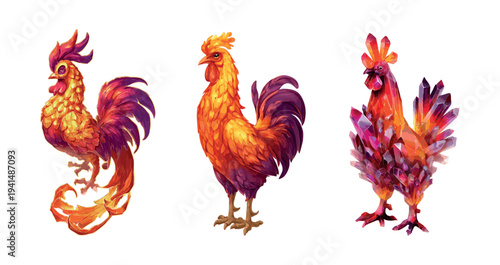 Rooster cock phoenix cartoon vector art. Fire bird chicken farm animal feathers crystal minerals gemstones glowing fantasy character solar creature isolated on white background