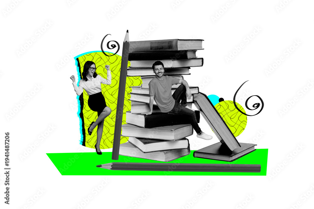 Obraz premium Composite creative art collage of two happy girl guy university students book stack education exam library isolated on painted background