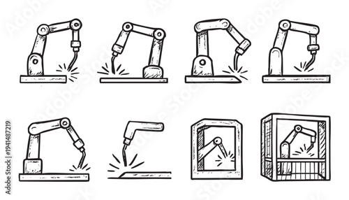 A set of doodle-style line art illustrations showcasing robotic arms performing welding tasks, ideal for automation and manufacturing concepts.