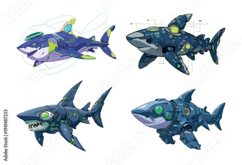 Shark mech cyborg cartoon vector set. Tech marine predator mechanical animal, armored submarine aquatic hunter monster robot augmented beast isolated on white background