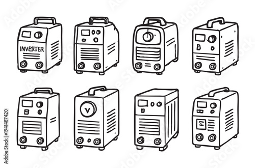 Seamless pattern with multiple hand-drawn welding machines. Black and white vector illustration for backgrounds, print, textile, and graphic design projects, suitable for industrial themes.