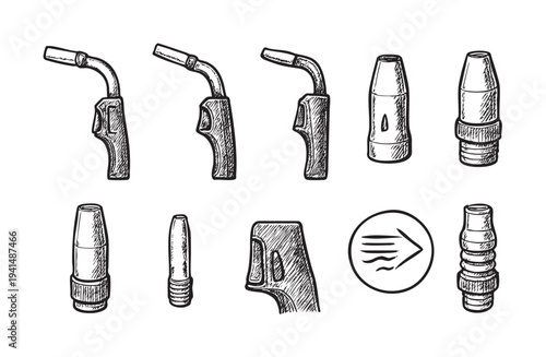 Black and white sketch illustration of welding torch parts including torches, nozzles and process symbol on a clean white background. Useful for tutorials or diagrams.