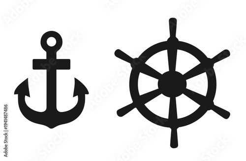 ship's rudder and anchor, icon, isolate, rudder, on a white background,