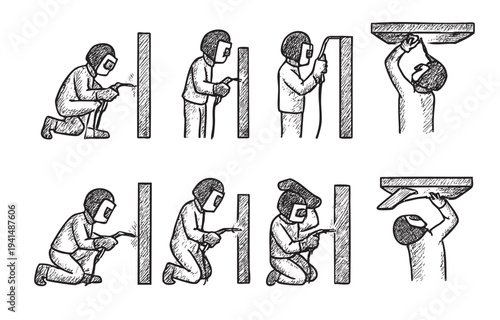 Hand drawn sketch illustration of a welder wearing protective gear, working on beams and surfaces, depicted in various positions, on a white background. Good for industrial themes and DIY projects.