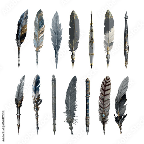 Stationery writing set cartoon vector concept. Feather pen ink quill pot calligraphy medieval feathered vintage metal nib graphic scholar equipment drawing sketching isolated on white background