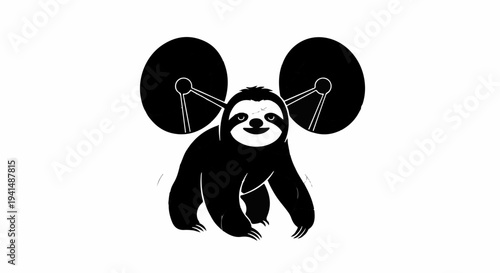 Smiling sloth lifting weights with a determined expression