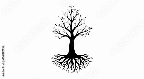 Silhouette of a bare tree with visible roots against a white background, symbolizing growth and nature