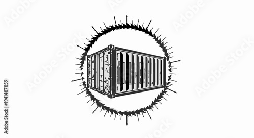 Shipping container with a stylized burst effect, representing global transport and logistics.