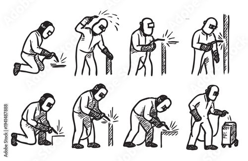 Hand-drawn style illustration shows various welder poses including welding sparks, standing, kneeling, and with equipment on a white background, perfect for illustrating safety or construction topics.