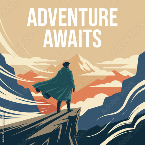 A solitary figure stands on a rocky ledge, gazing at breathtaking mountains. The scene encapsulates adventure and exploration, inspiring a sense of wonder and discovery.