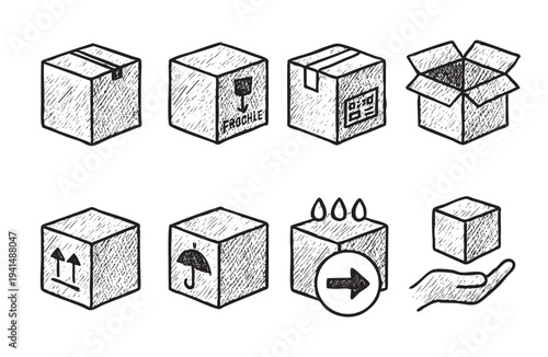 Hand-drawn illustration of various shipping boxes, each with a different handling instruction icon, like fragile, keep dry, open box, ideal for packaging design.