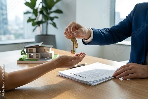 Real estate agent handing over house keys to new homeowner in modern office setting with contract on table