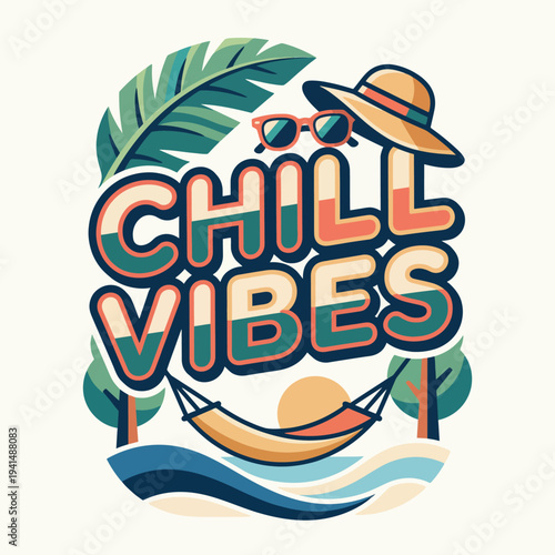 This colorful artwork promoting chill vibes inspires relaxation and leisure through serene imagery, encouraging viewers to unwind and embrace a laid-back lifestyle.