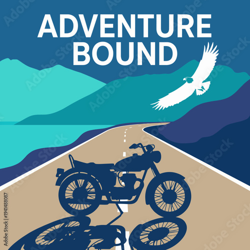 An exhilarating scene featuring a motorcycle along a scenic road highlights themes of adventure, freedom, and exploration, perfect for travel enthusiasts and thrill-seekers.