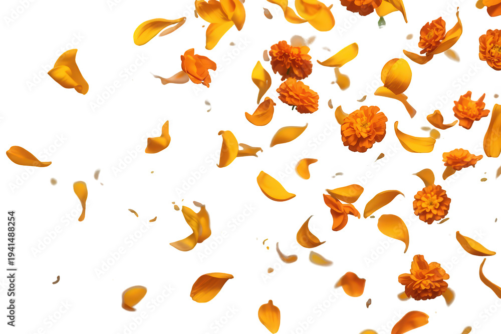 Fototapeta premium Marigold flowers and petals falling down in a vibrant orange and yellow cascade on a transparent background