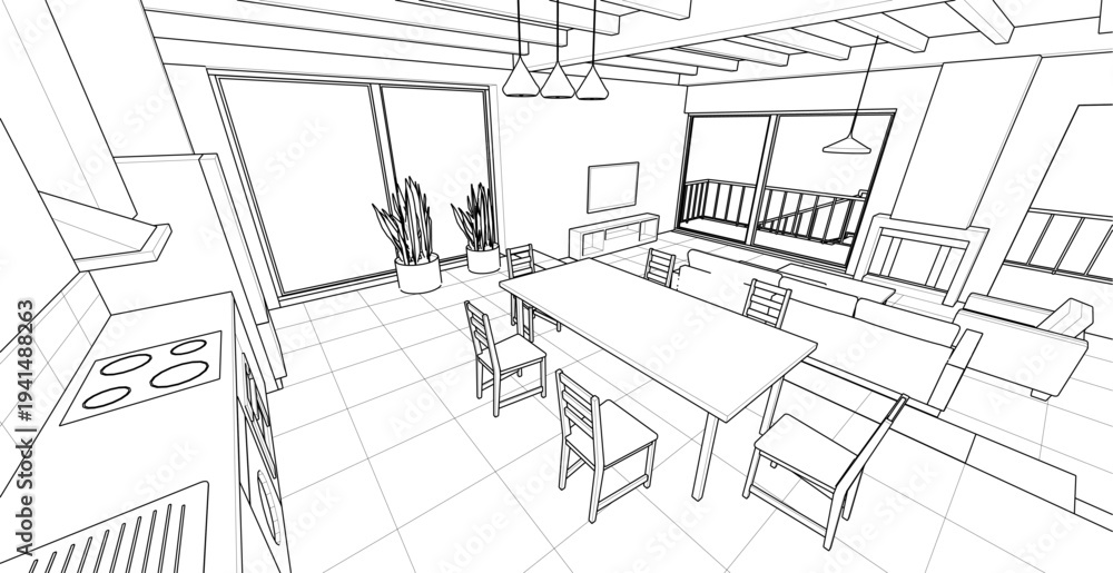 Fototapeta premium interior kitchen living room 3d illustration