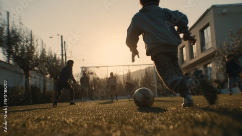 Cinematic slow-motion scene of a young boy playing football among well-dressed children in a wealthy neighborhood in Italy