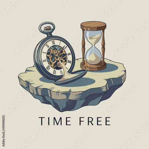 An artistic representation of a pocket watch and an hourglass reflects the concept of time, freedom, and the philosophical idea of seizing the moment in life.
