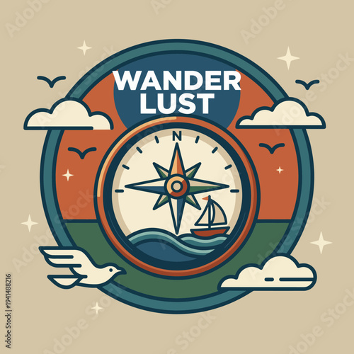 This image features a beautifully designed compass, a sailboat, and clouds, encapsulating the spirit of wanderlust and the joy of exploration and adventure.