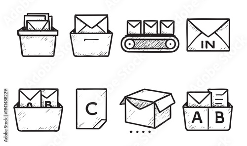 Hand-drawn style vector illustration featuring various mailing icons, including inboxes, letters, and delivery systems, creating a playful and engaging visual ideal for email marketing.
