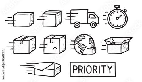 Doodle style icons showing a delivery process from a box to a global destination, emphasizing fast shipping with a stopwatch and the word priority. Ideal for delivery service and logistics.