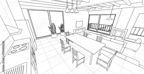 interior kitchen living room 3d illustration