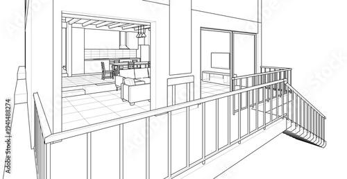 interior kitchen living room 3d illustration