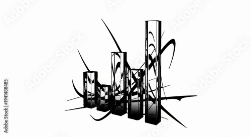 Abstract graphic bars ascend and descend, symbolizing market trends and financial growth.