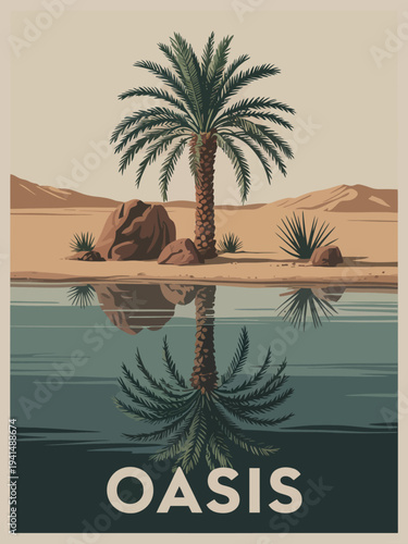 Wallpaper Mural Oasis Poster, large white OASIS text at bottom, color palette of beige, brown, turquoise, and green tones Torontodigital.ca