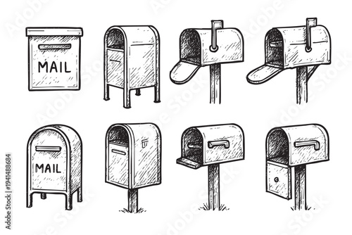 Set of eight mailboxes with hatches, different styles, shown in black and white hand drawn style. Useful for illustrating various themes related to communication and delivery.