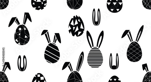 Seamless black and white vector graphic pattern featuring various abstract geometric decorated easter bunny eggs