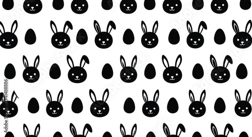 Seamless black and white vector graphic pattern featuring cheerful bunny faces and simple holiday eggs