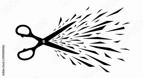 Sharp scissors cutting through abstract shapes, creating a dynamic explosion of fragments.