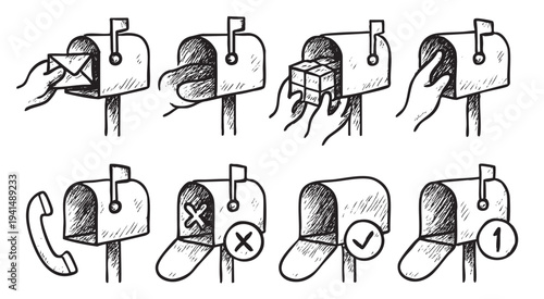 Hand-drawn mailbox icons in black and white showcasing delivery, notifications, and status updates for communication and business concepts. Use for web, mobile, and print designs.