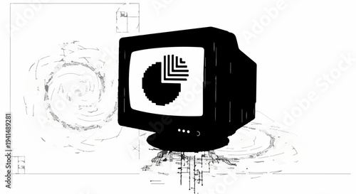 Retro computer screen displays abstract data visualization with swirling patterns