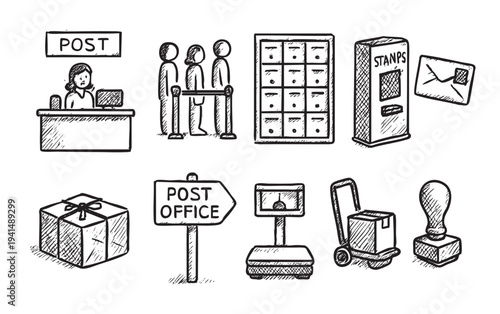 Hand-drawn sketch illustration of a post office, featuring a counter, queue, post boxes, stamps, packages, scale, and sign, ideal for logistics or communication concepts.