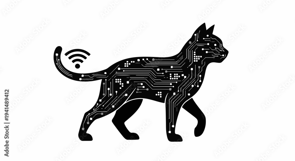 Fototapeta premium Futuristic robotic cat silhouette with circuit board patterns and Wi-Fi signal