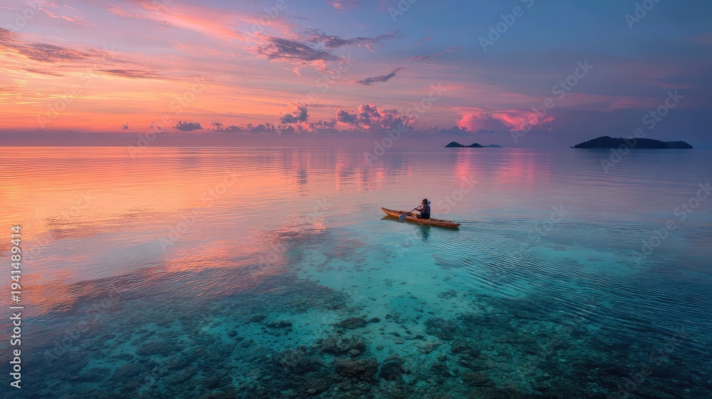 Fototapeta premium Kayaker paddling across crystal clear sea under colorful sunset sky creating tranquil ocean moment