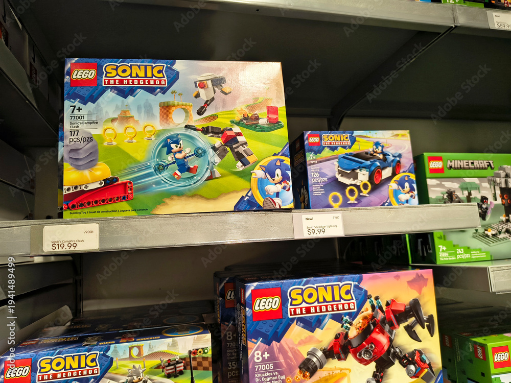 Naklejka premium LEGO Sonic the Hedgehog and Minecraft toy sets on retail store shelf display