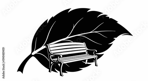 Serene bench nestled beneath a large, stylized leaf, suggesting tranquility and nature.