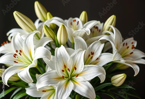 Elegant bouquet of pristine white lilies, lush and full,  texture,  petals