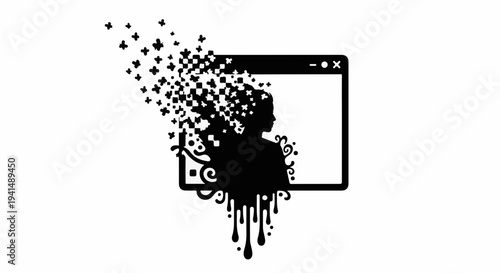 Digital silhouette dissolving into abstract particles against a stylized window frame