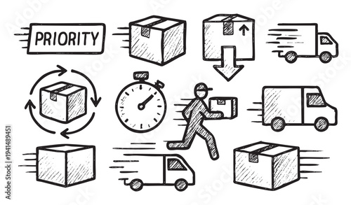 Hand-drawn sketch illustration features icons depicting the shipping process, delivery, and time sensitivity of parcels with priority service. White background creates a clean look.