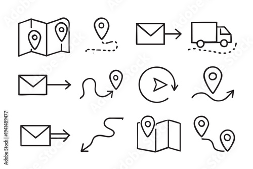 A simple, hand-drawn vector illustration of delivery and route icons. Includes a map, email, truck, navigation arrows and location pin, making it useful for logistics or transportation concepts.