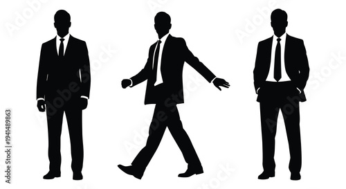 Three businessmen in suits are depicted in varying poses showcasing a stark black silhouette high quality professional detailed modern elegant stylish