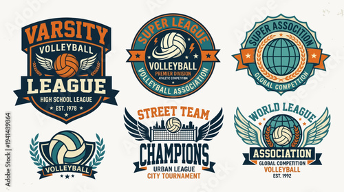 Retro Volleyball Badge Logo Set – Vintage Sport Emblem for Tournament, League, and Championship Design