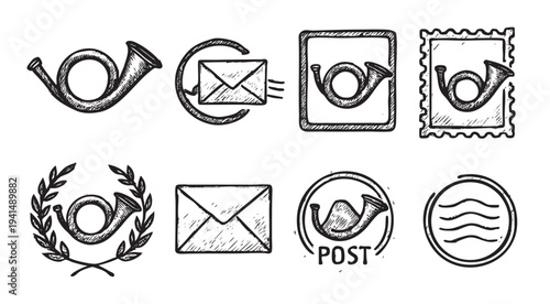 Hand-drawn illustration features postal icons: horn, letter, stamp, and waves, using black line art for a vintage or retro feel perfect for design projects.