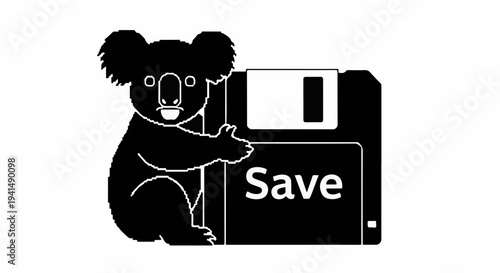 Cute koala hugging a floppy disk with the word 'Save' for data storage concept